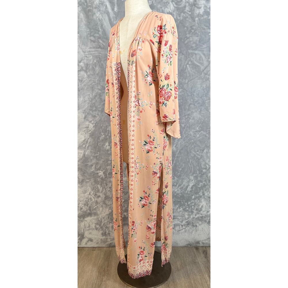 Vintage Angie Open Front‎ Kimono Floor Length Duster L Floral Cottage Boho Pink